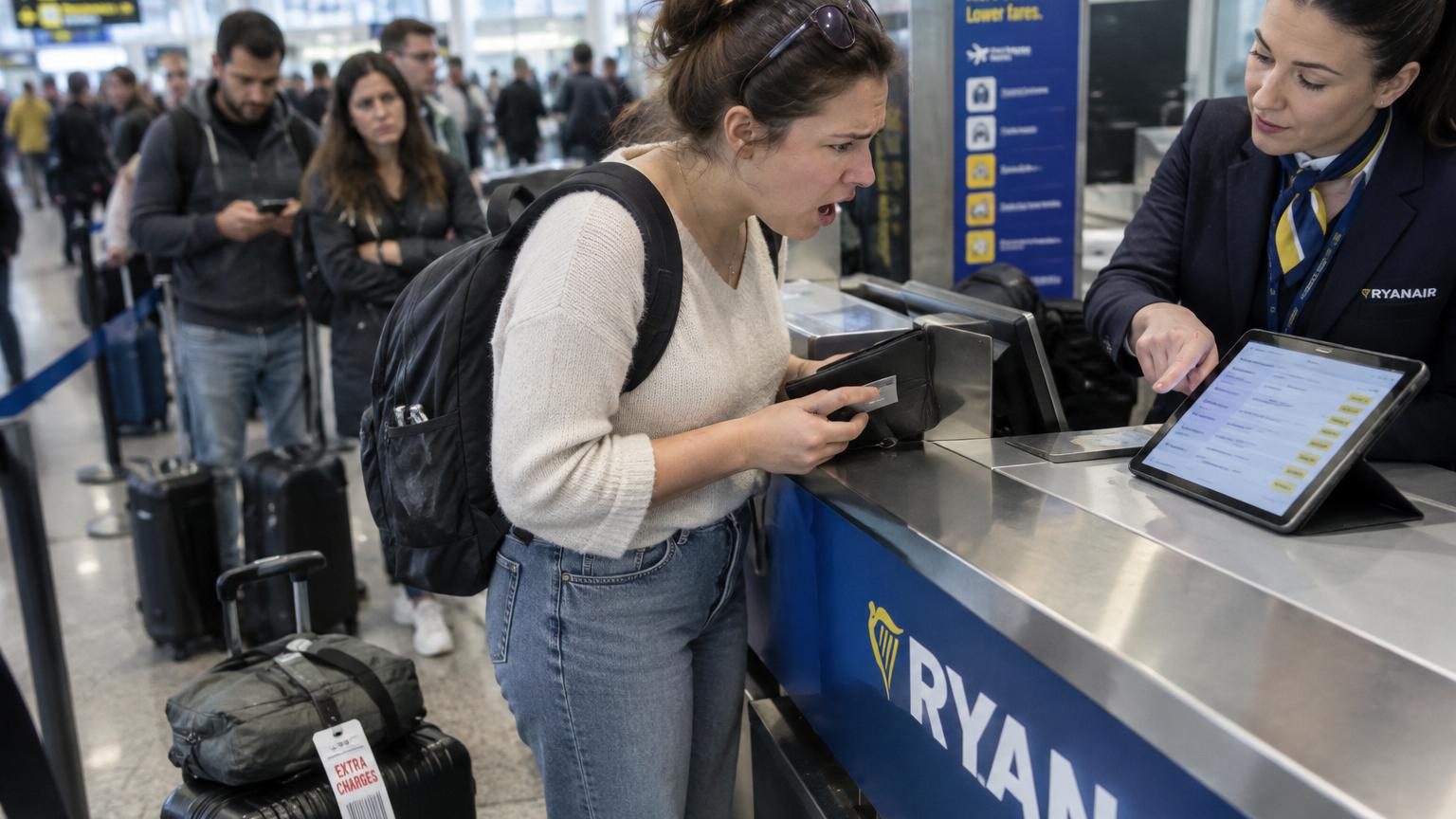 Écran d'ordinateur affichant une réservation de vol low cost avec un tarif initial et une longue liste de frais annexes (bagages, sièges, embarquement) entraînant une multiplication du prix par cinq.