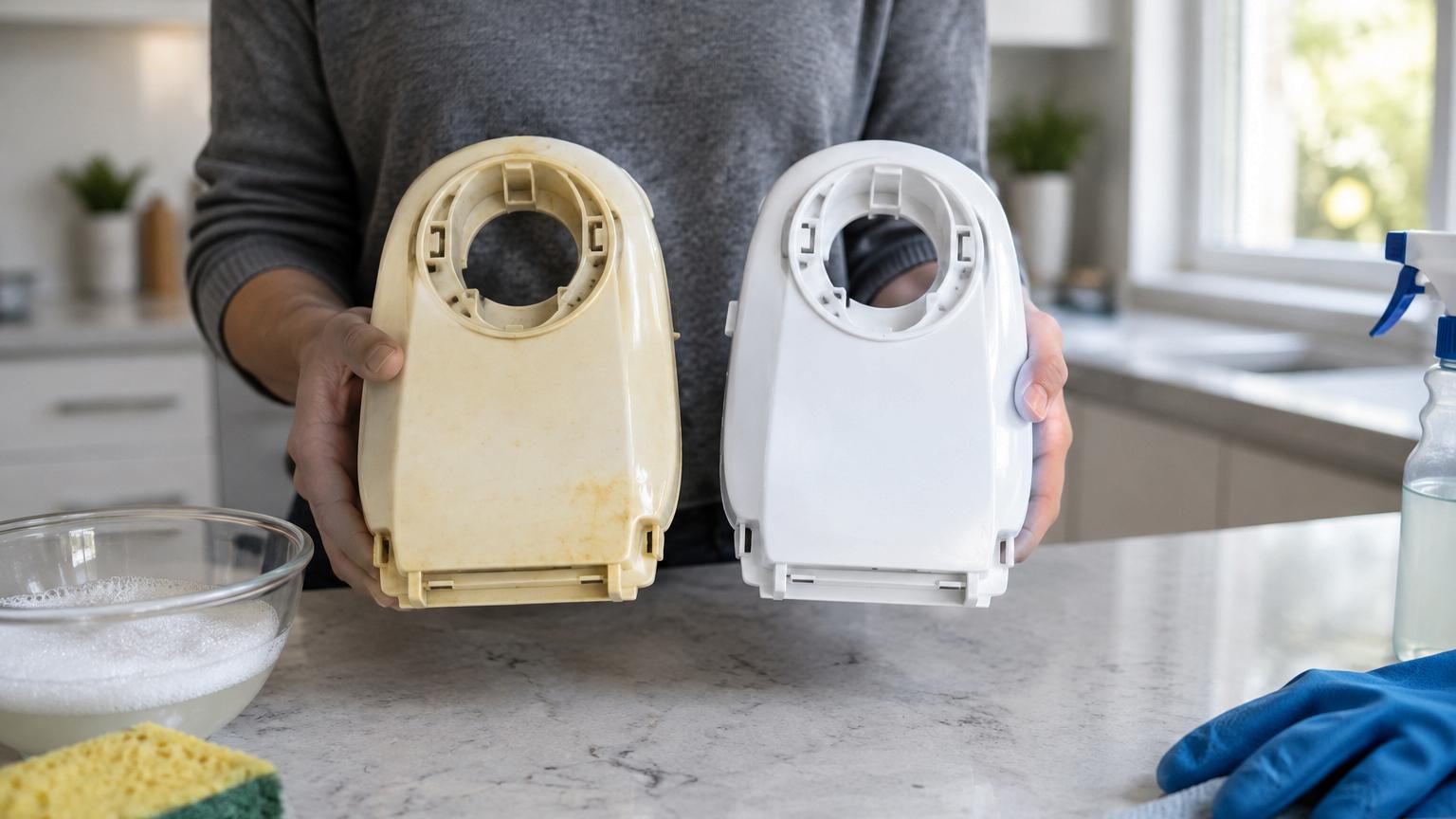 Divers objets en plastique blanc jauni posés sur une surface, incluant un interrupteur ivoire, un boîtier d'électroménager crème, et des accessoires de salle de bains ternis, avec à côté des flacons et produits de nettoyage naturels.