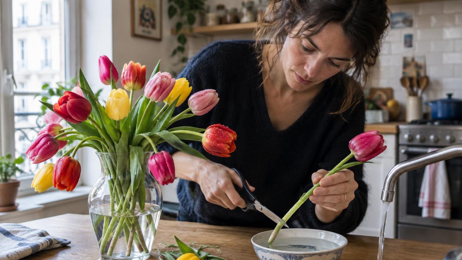 Une jardinière tenant une épingle devant des tulipes dans un vase, démontrant le geste simple pour libérer l'air emprisonné et redresser les fleurs affaissées.