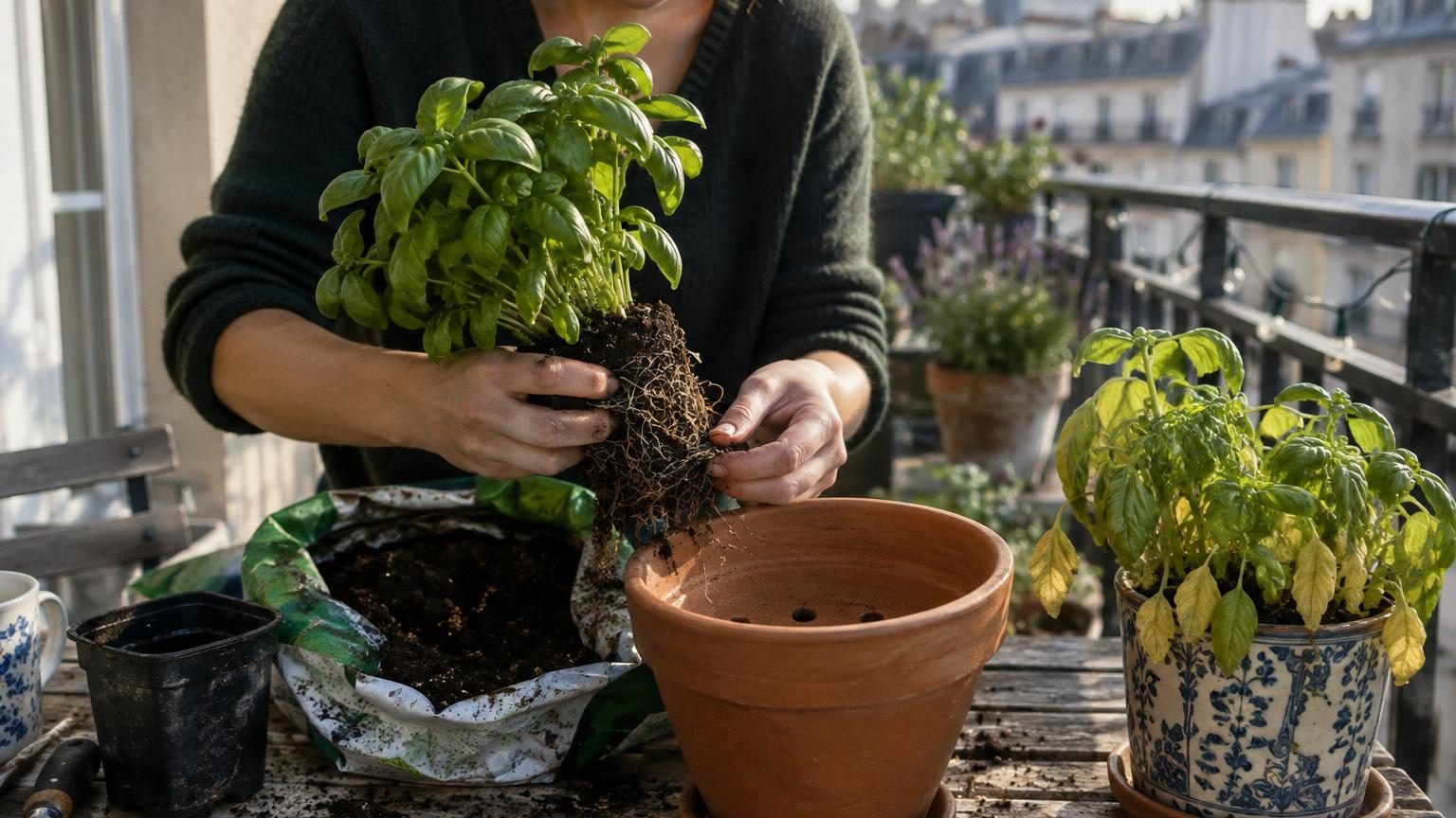 Votre basilique du supermarché meurt en une semaine : le rempotage qui change tout, et l'erreur que presque tout le monde commet