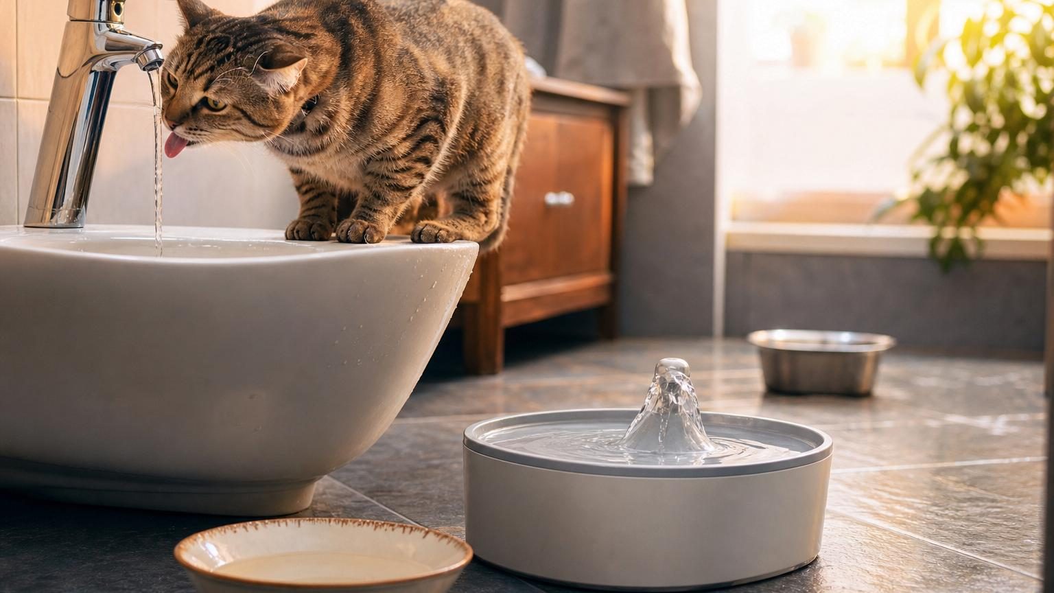 Chat gris buvant au robinet de l'évier, observé par son propriétaire qui ouvre un filet d'eau dans la cuisine.
