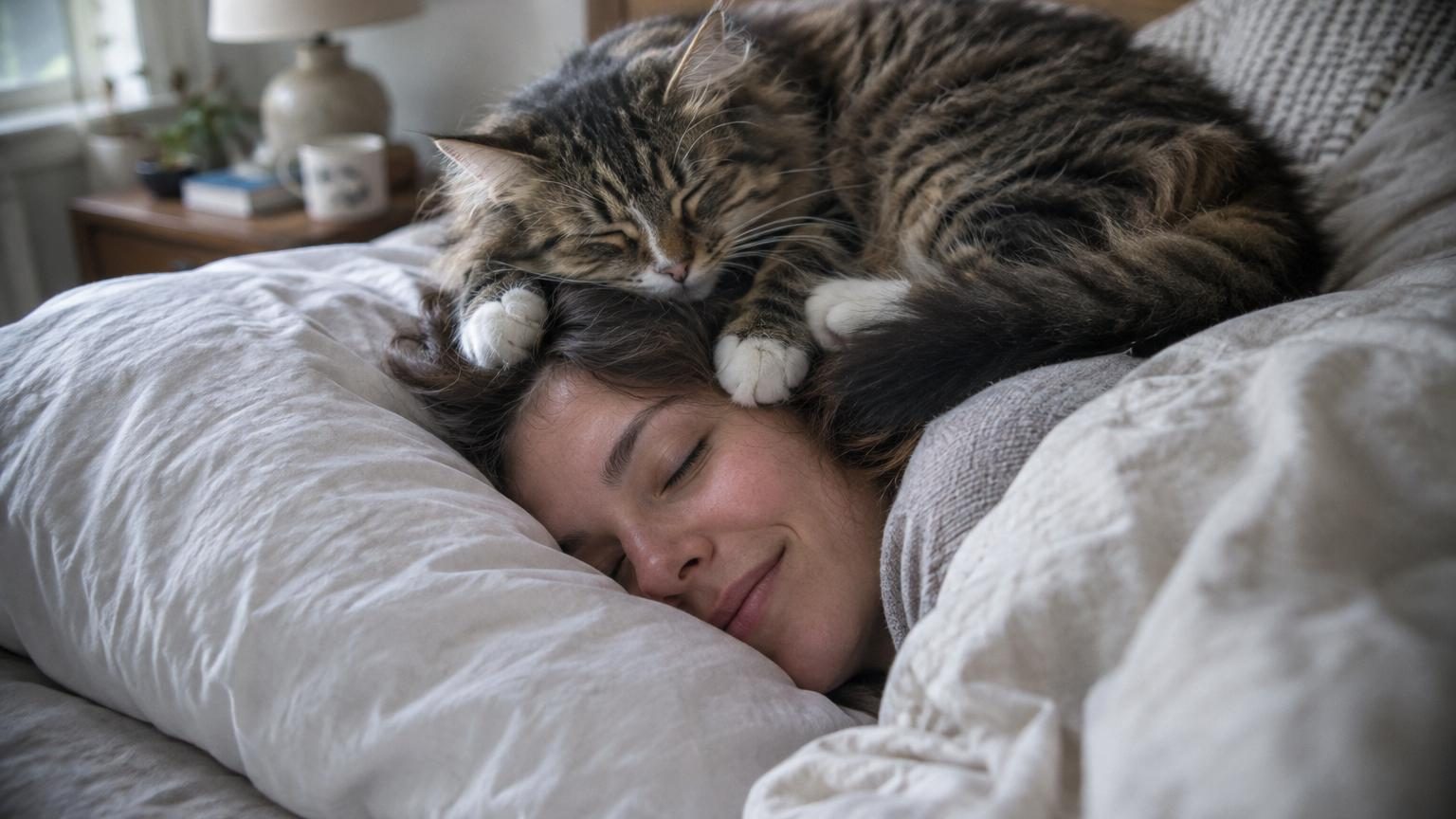 Un chat gris et blanc endormi, roulé en boule sur l'oreiller à proximité immédiate du visage et des cheveux d'une personne endormie, dans une chambre sombre et apaisante.