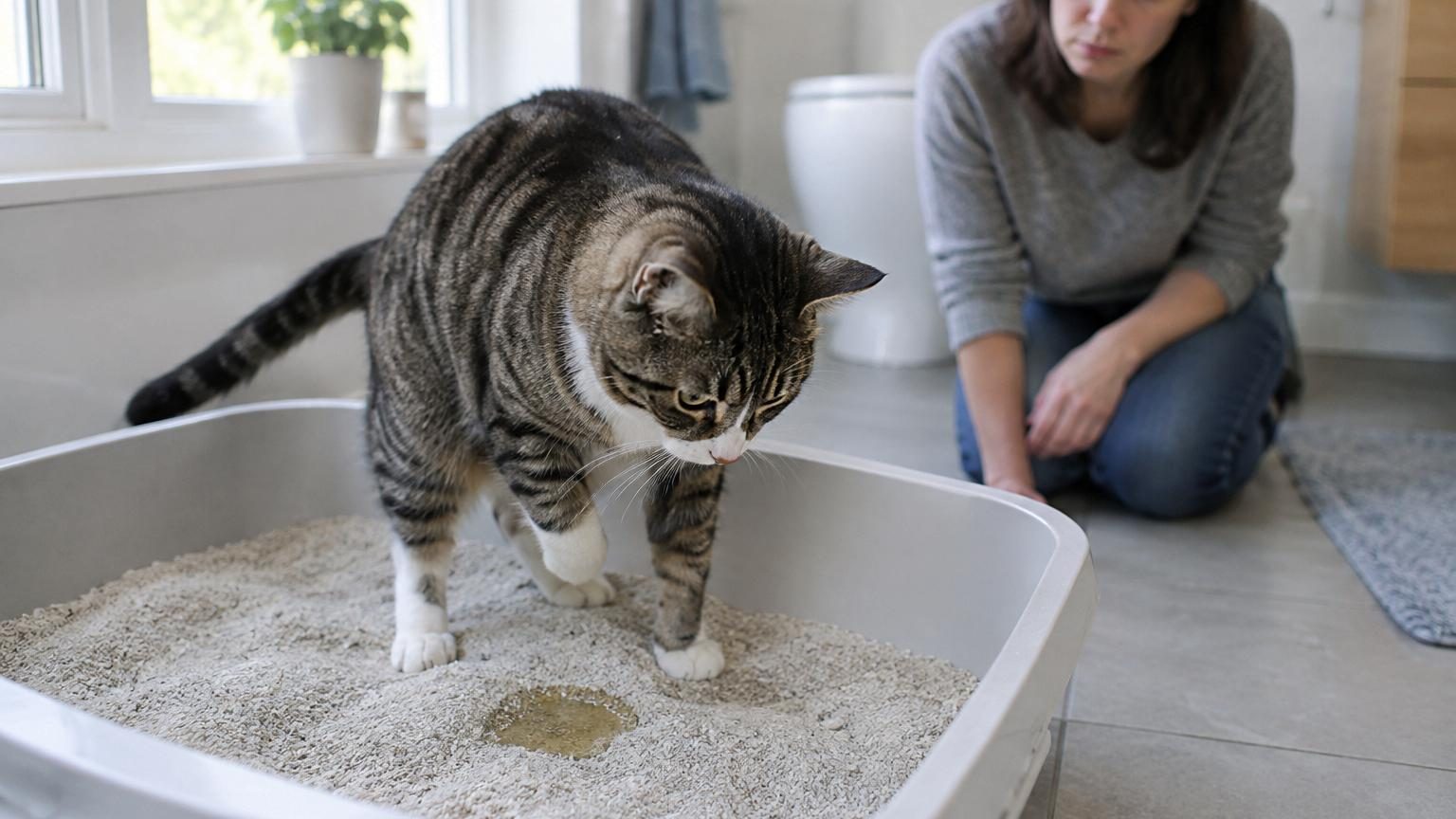 Chat gris assis dans une litière intelligente avec capteurs, urinant tandis qu'une interface digitale affiche les données de suivi en temps réel