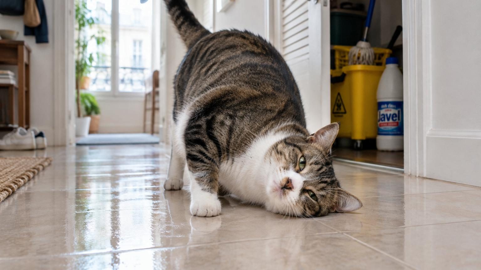 Votre chat se frotte au sol juste après le ménage : un vétérinaire explique pourquoi l’odeur de chlore l’attire et les risques réels
