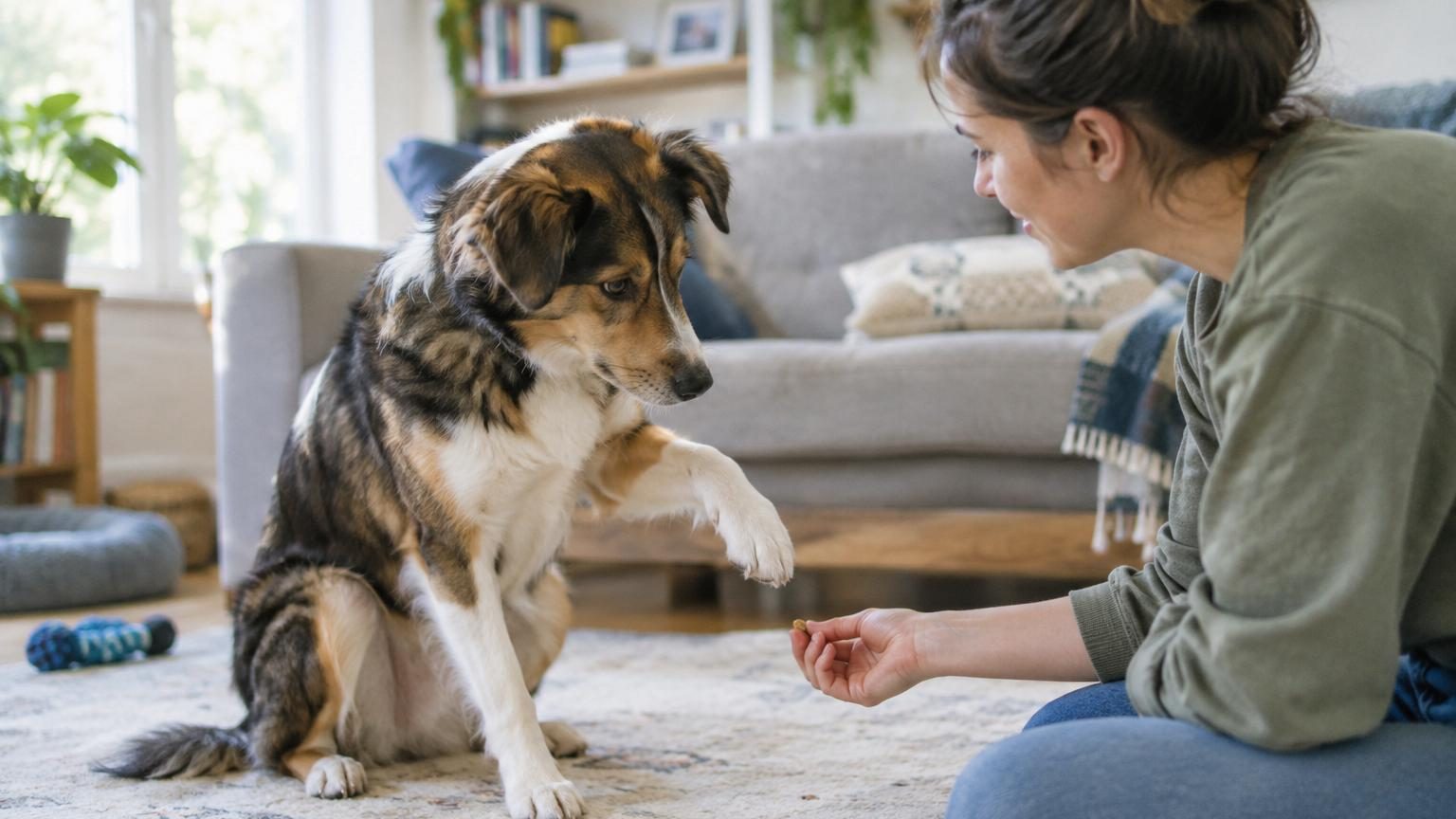 Un chien utilise sa patte pour attraper une friandise ou manipuler un jouet lors d'un test de latéralité à domicile.