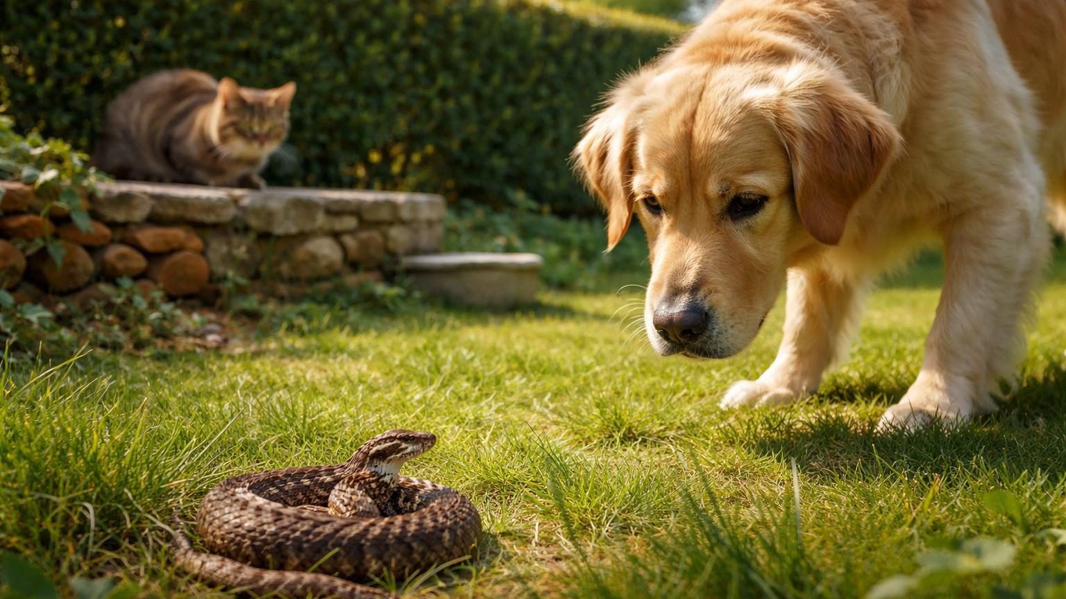 Un chien curious reniflant un serpent à proximité dans un jardin avec herbes hautes et fleurs