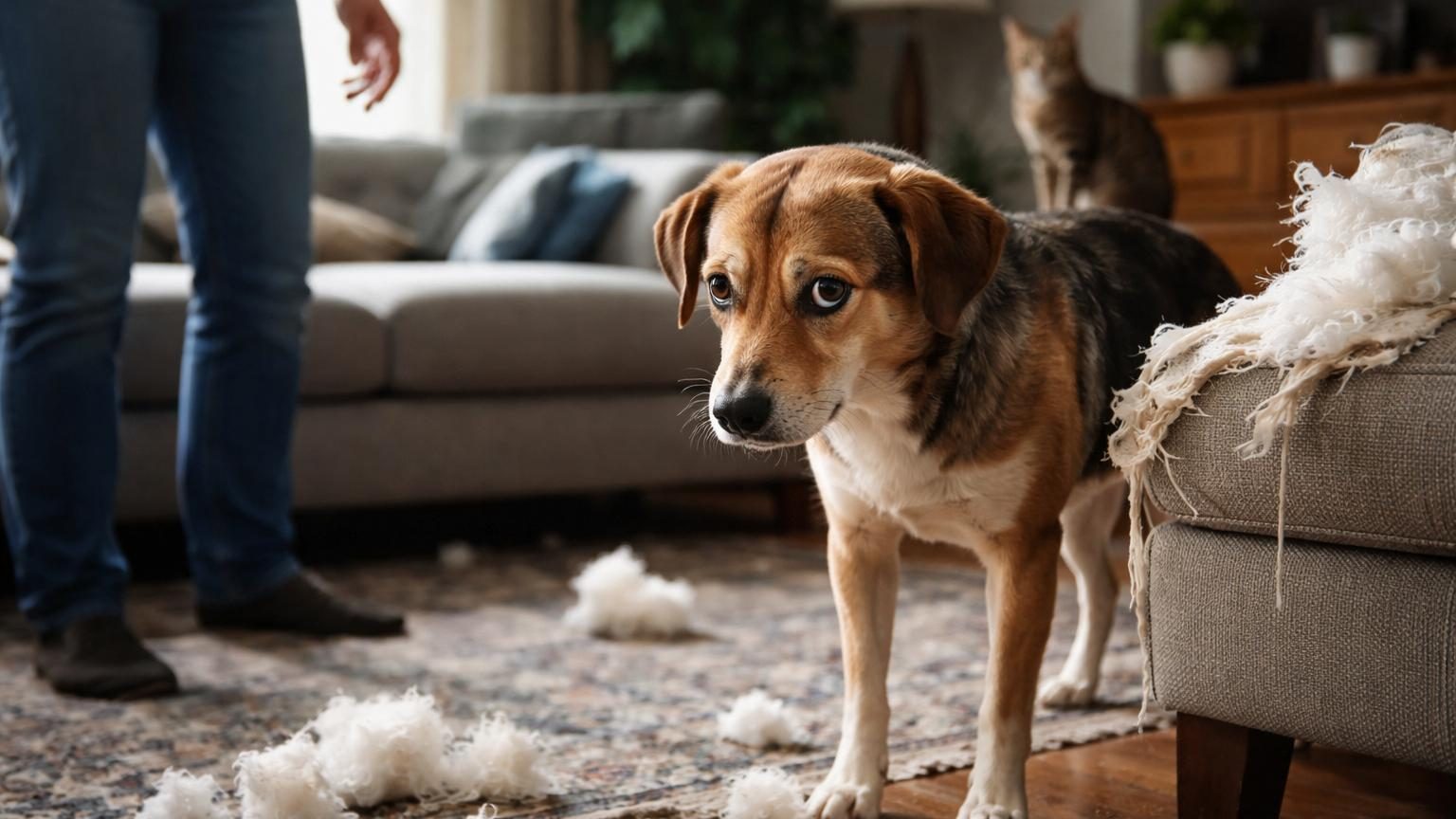 Chien aux oreilles baissées et regard détourné, assis face à un maître de dos qui le dispute, dans un salon avec un coussin éventré.