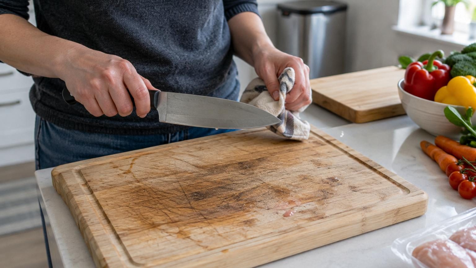 Gros plan d'une planche à découper présentant des rayures profondes, des marques sombres incrustées et une surface rugueuse et endommagée par l'usure.