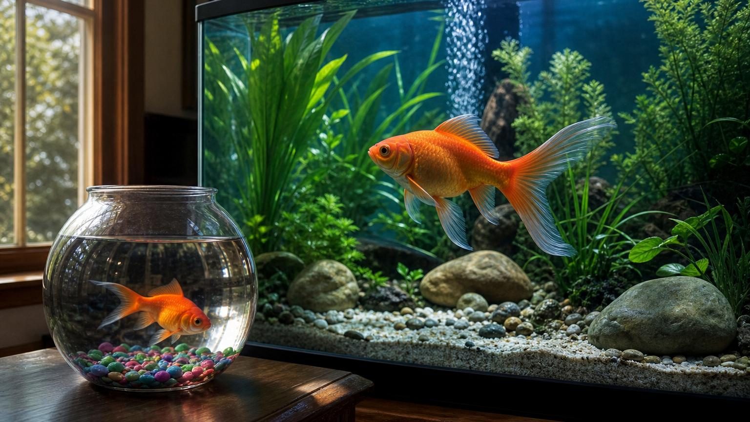 Un poisson rouge nage dans un petit bocal rond transparent, avec quelques graviers colorés au fond, entouré d'objets de décoration domestique.