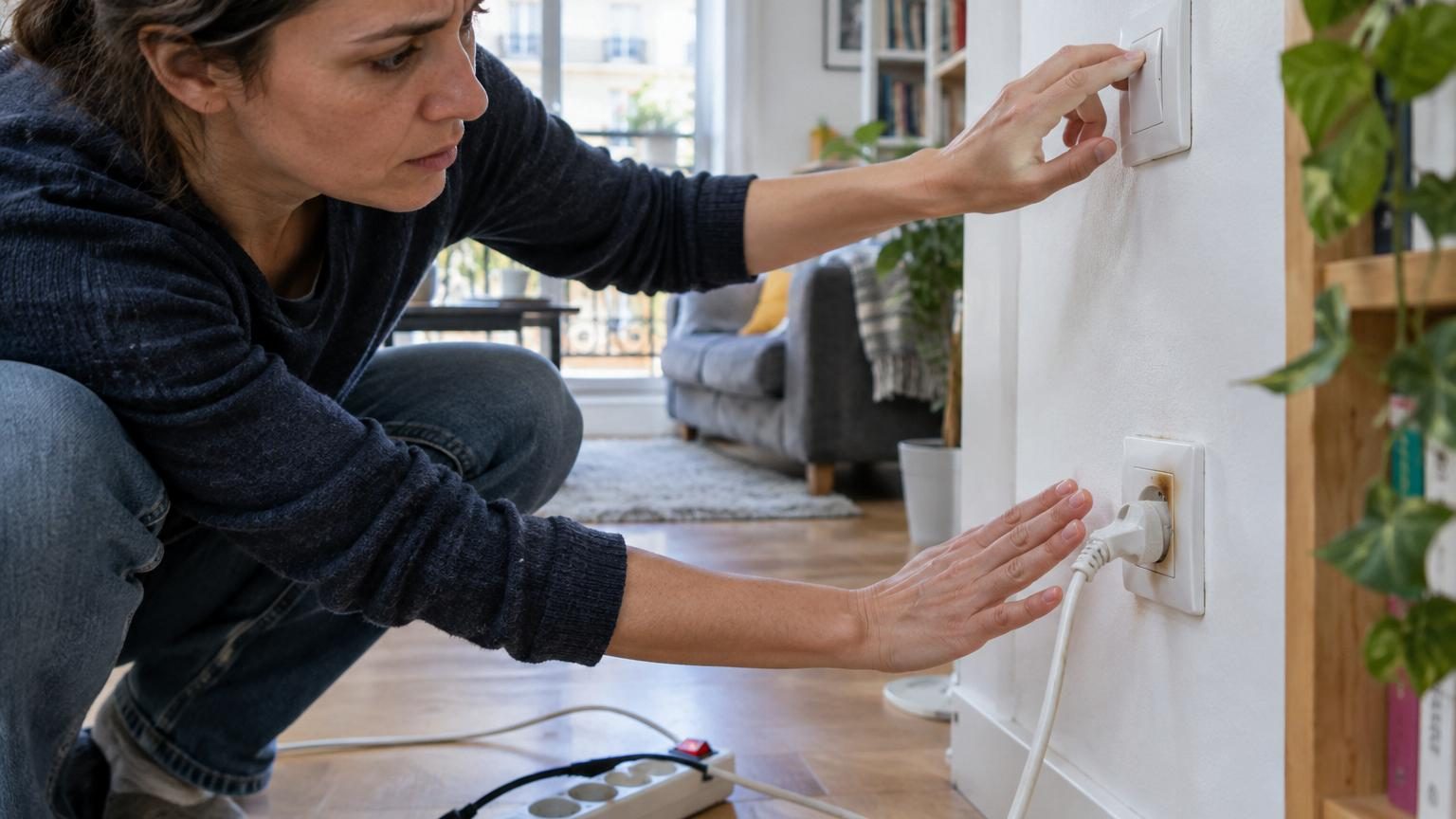 Gros plan sur une prise électrique murale blanche avec un doigt approchant pour tester la température, symbolisant le danger d'une prise qui chauffe.