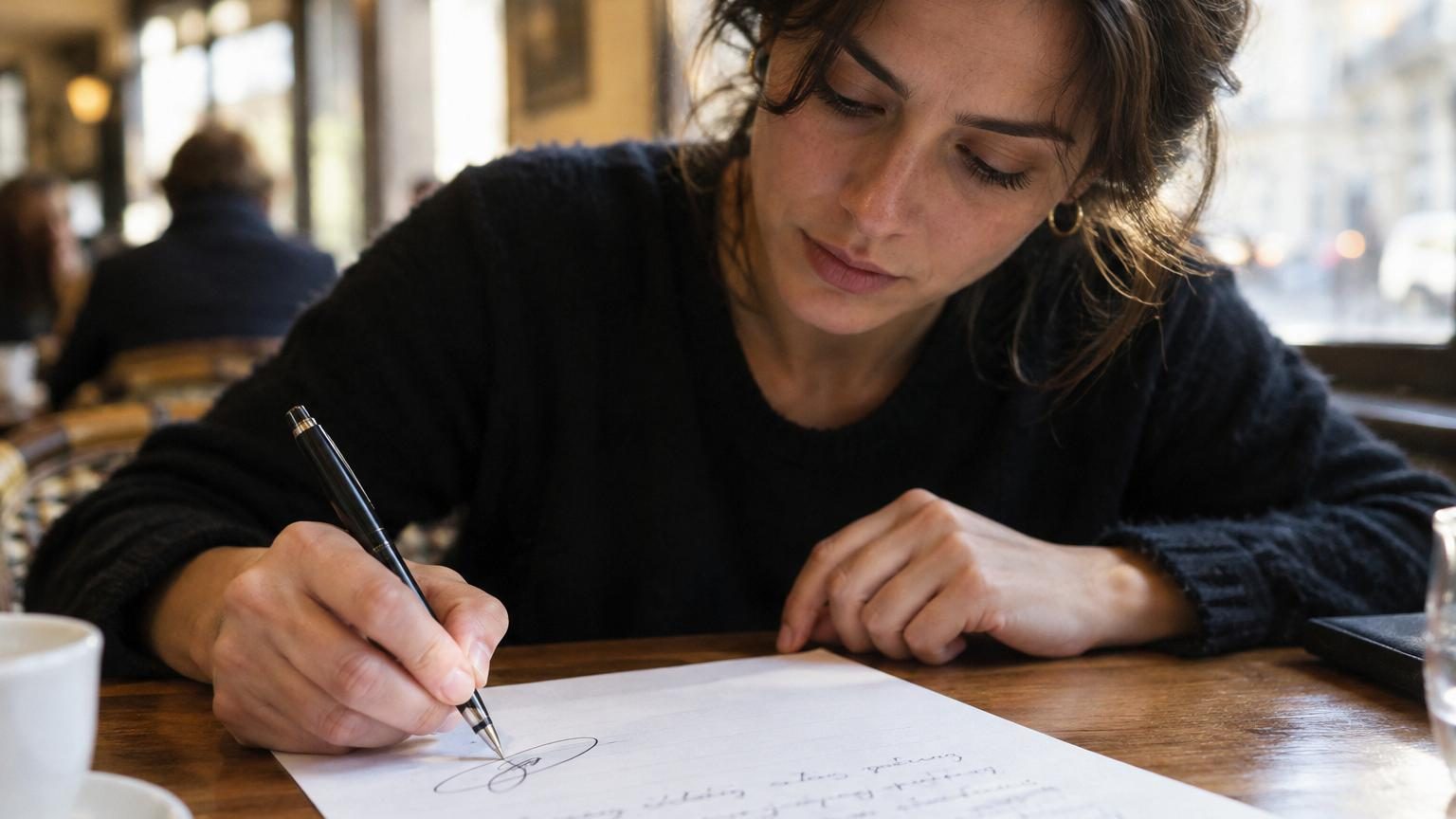 Gros plan d'une main traçant une signature avec des cercles et des boucles arrondies au stylo sur une feuille blanche.