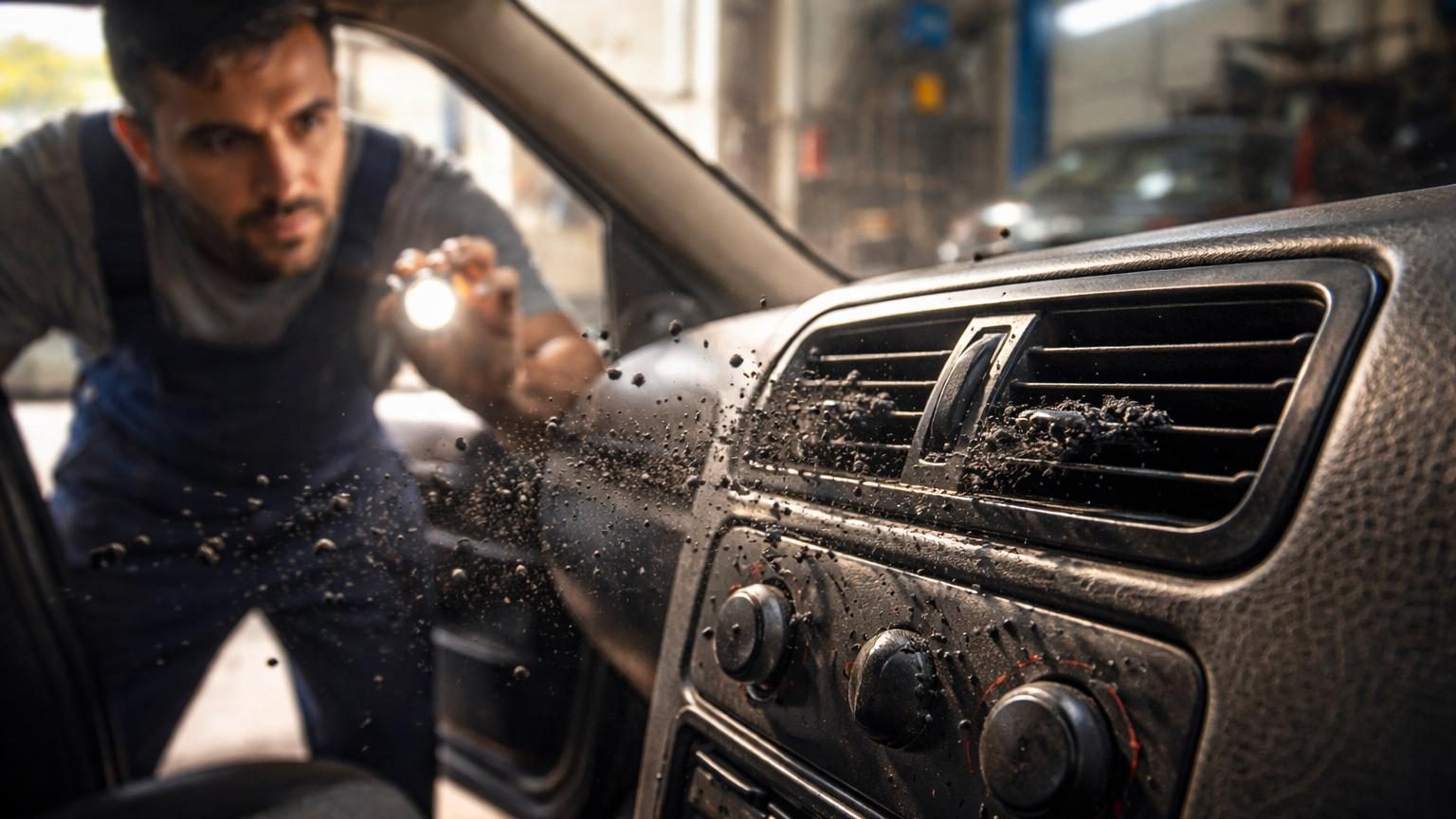 Gros plan sur les aérateurs de climatisation d'une voiture avec des particules noires visibles sortant des bouches d'air