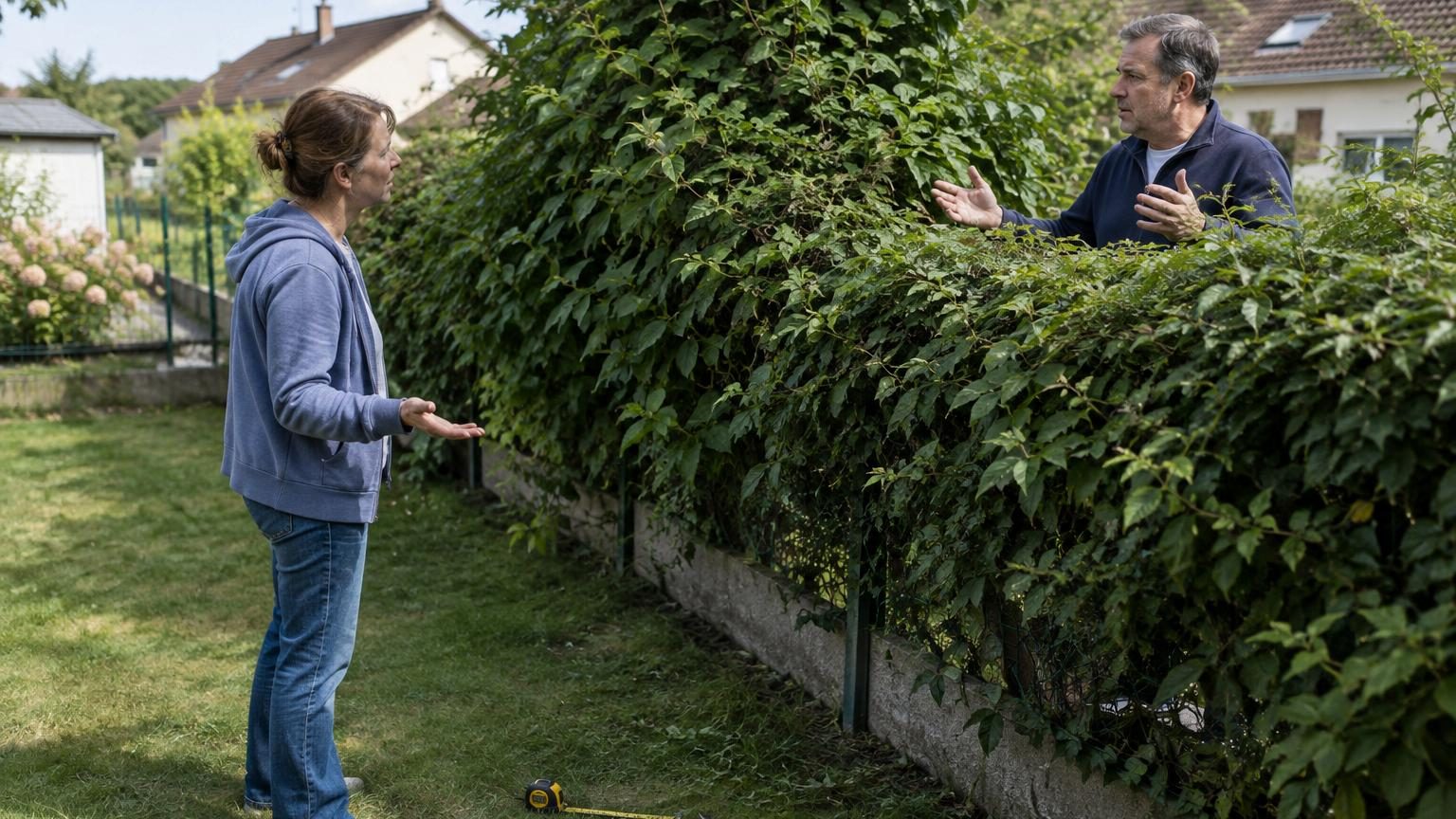 Cour de maison séparée par une haie dense qui projette son ombre sur la terrasse du voisin