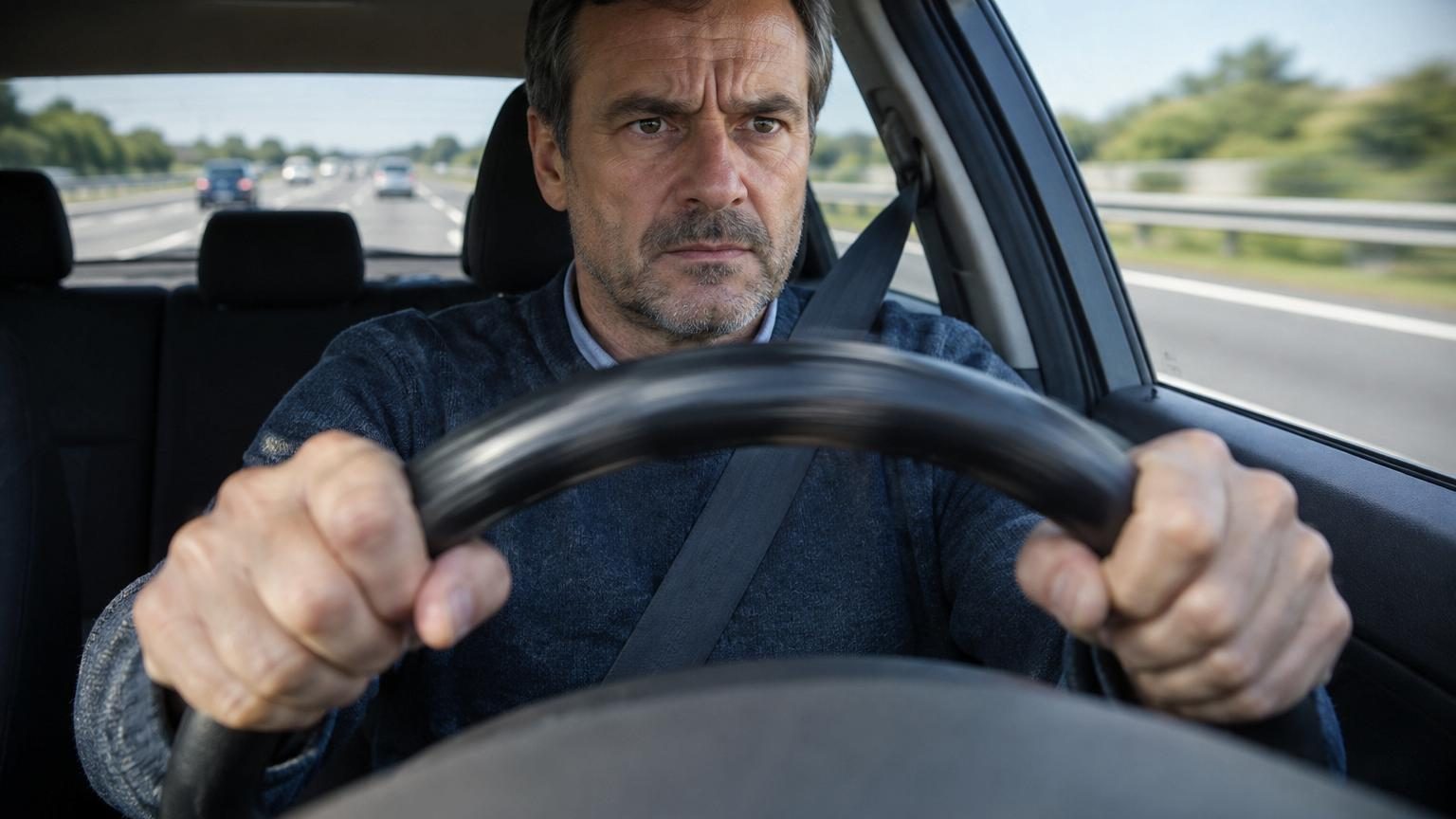 Volant d'une voiture vu de l'intérieur du véhicule, avec les mains du conducteur, montrant une légère vibration ou secousse