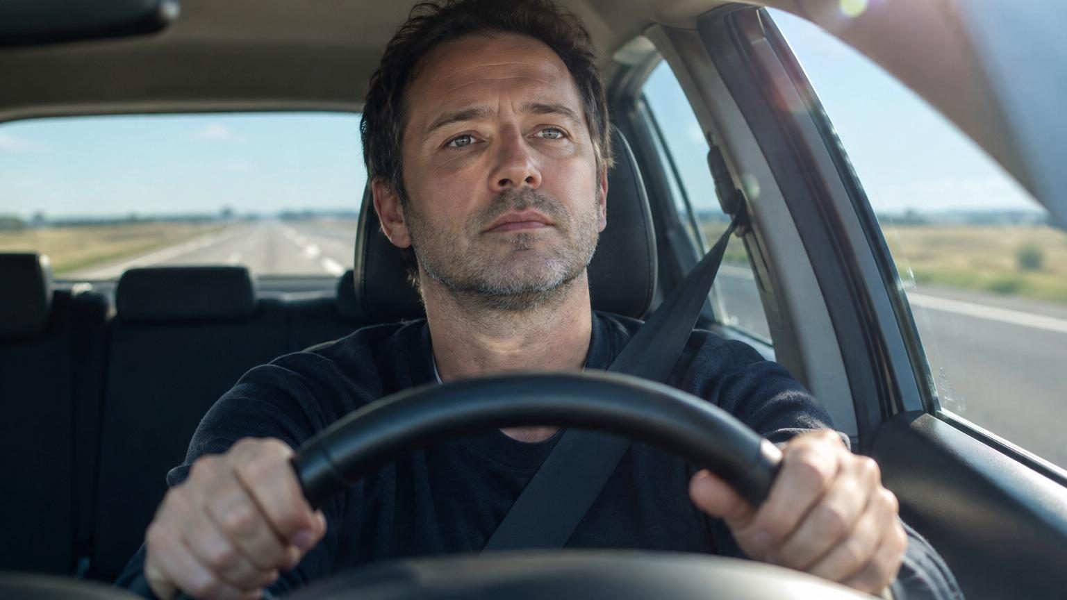 Conducteur au volant d'une voiture sur une autoroute droite et monotone, les mains posées sur le volant, l'expression lointaine, illustrations de route réctilignes disparaissant à l'horizon.