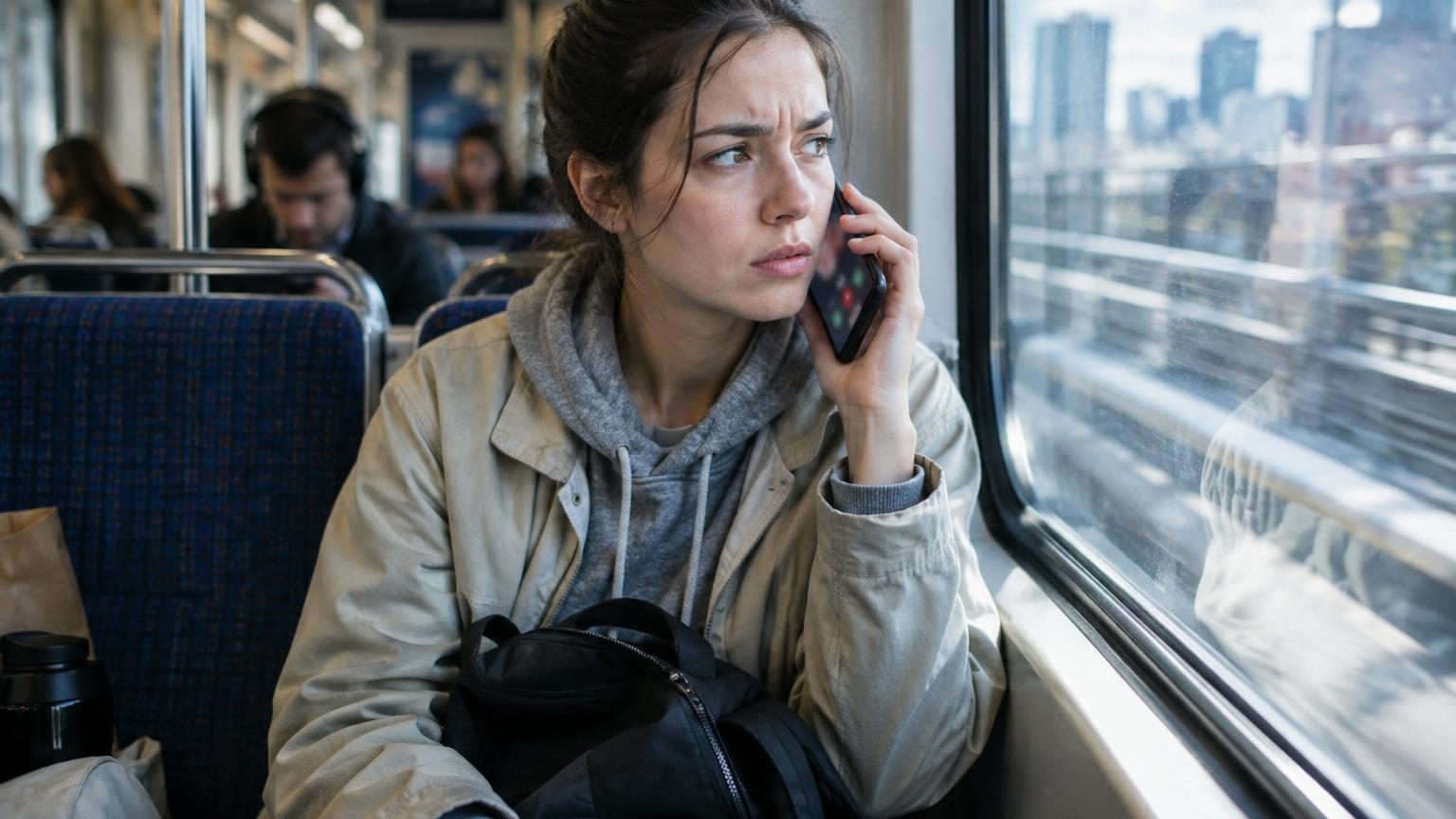 Personne au téléphone semblant hésitante ou mal à l'aise lors d'un appel reçu, avec une expression de doute et d'incertitude sur son visage.