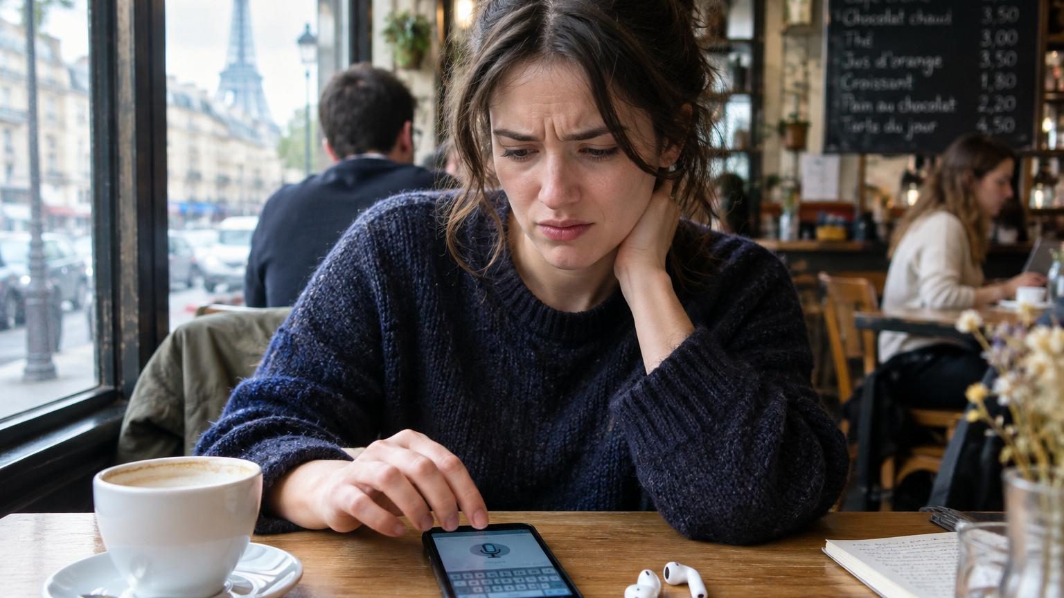 Personne hésitante tenant un téléphone mobile, écouteurs à proximité, expression réfléchie face à l'écran numérique