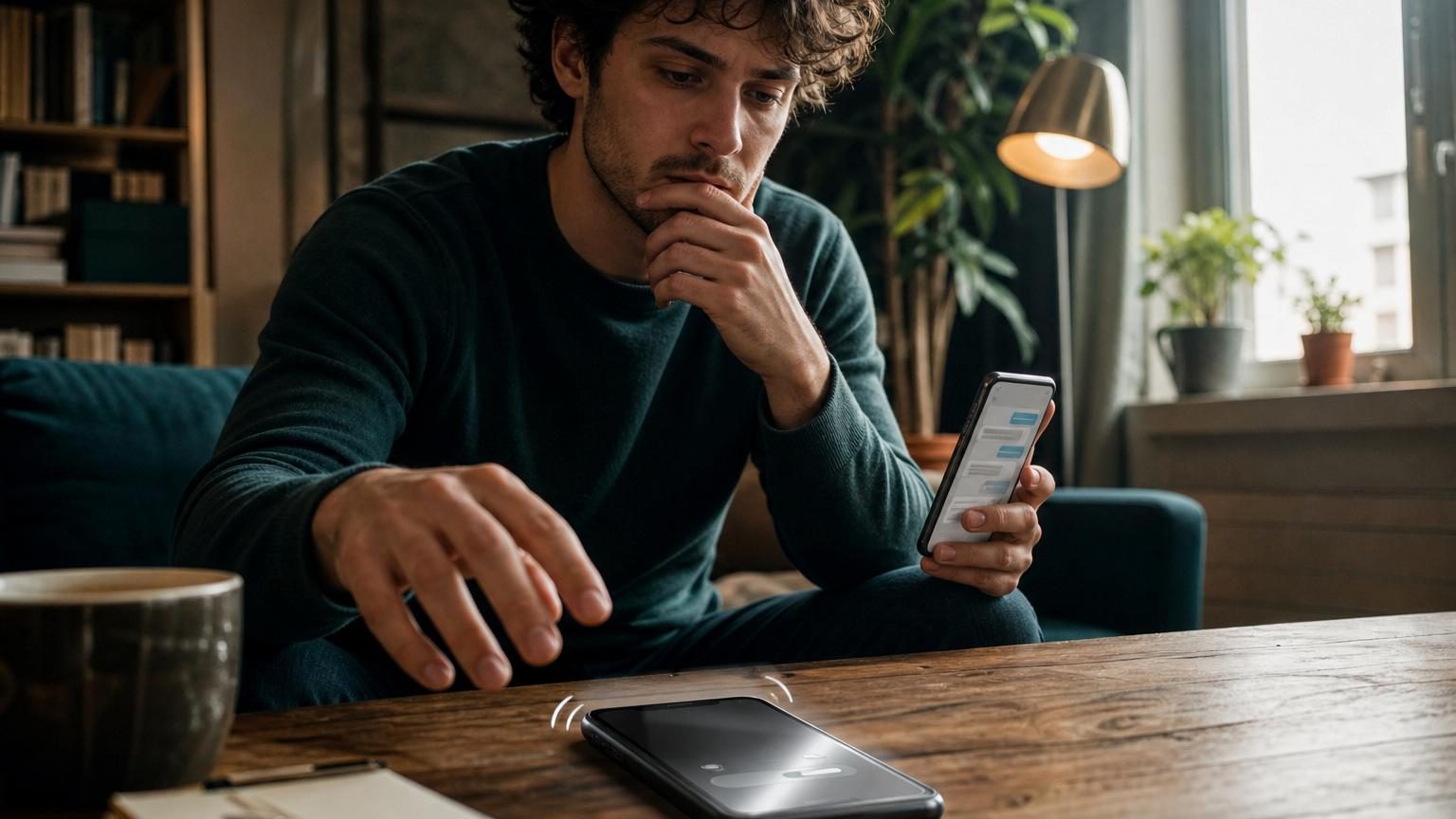 Personne stressée regardant un téléphone qui sonne sur une table, symbolisant l'anxiété face aux appels téléphoniques.