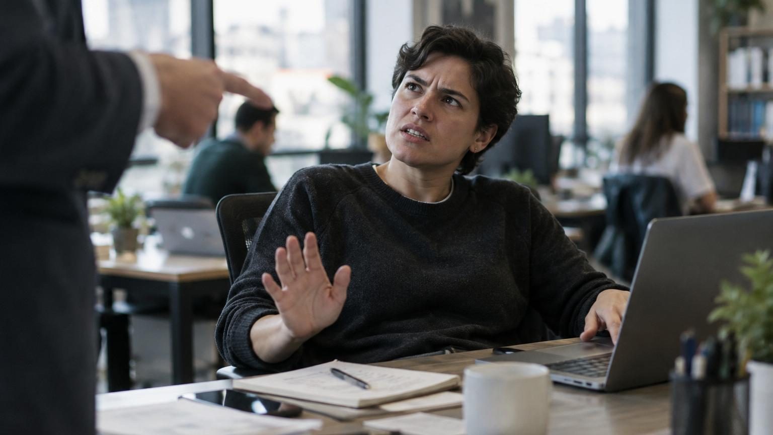Personne se fermant avec les bras croisés face à un doigt pointé, symbolisant le rejet d'une consigne ou d'un conseil non désiré