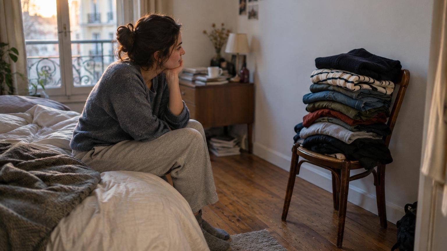 Une pile de vêtements colorés et en désordre empilés sur le siège d'une chaise en bois dans une chambre à coucher