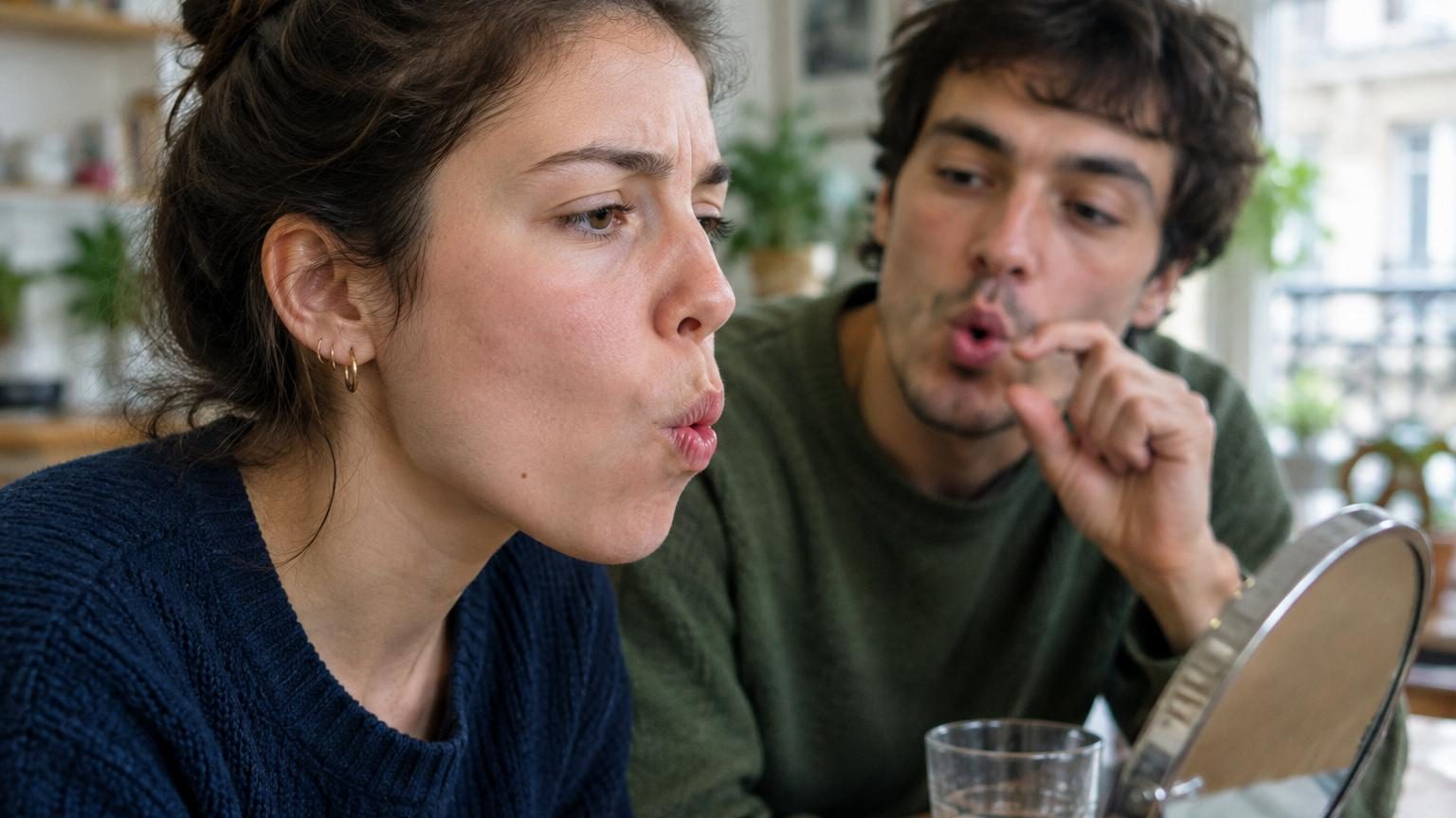 Gros plan sur le visage d'une personne dont les lèvres forment une petite ouverture circulaire dans une posture de sifflement concentré.