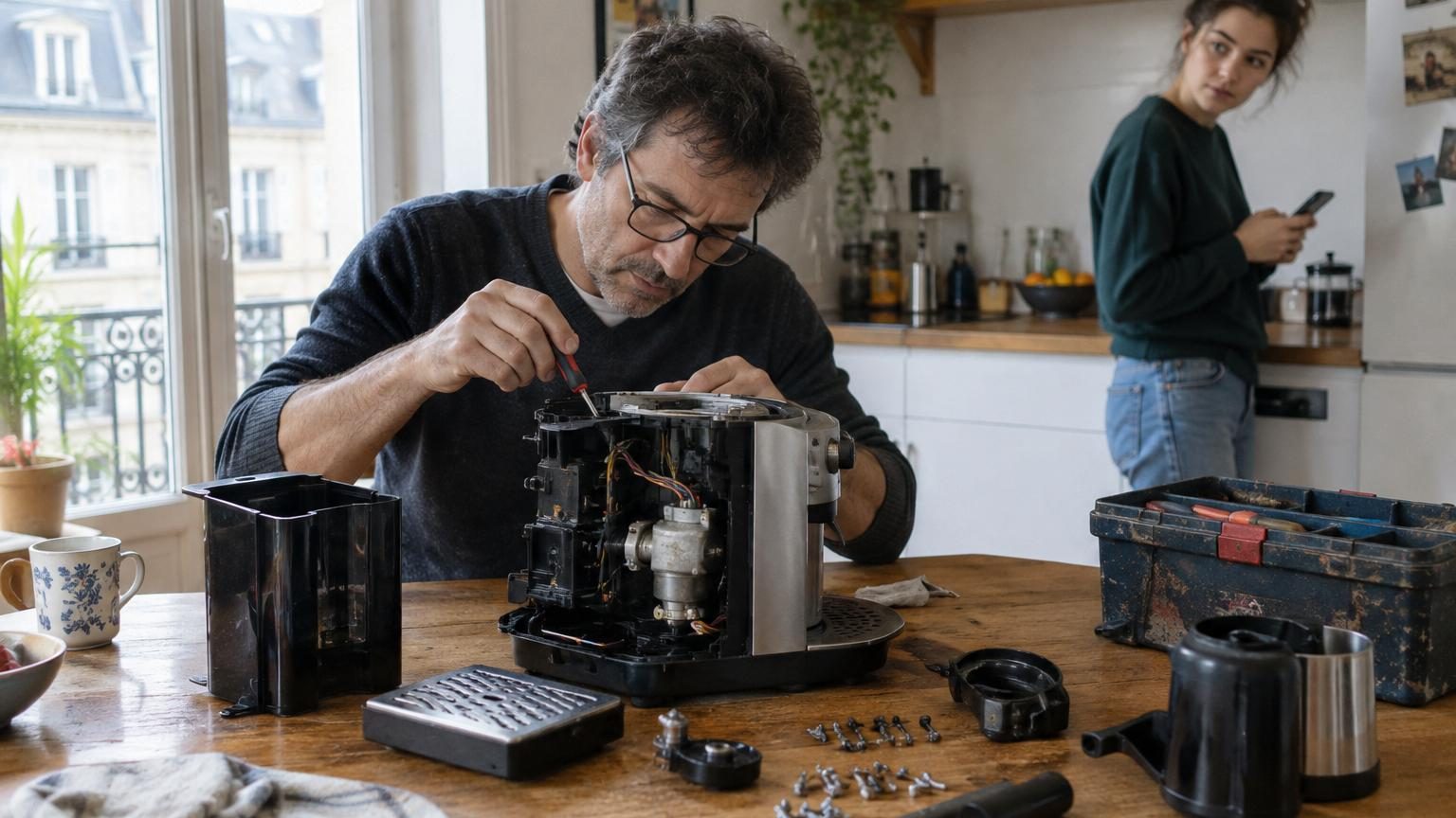 Personne tenant une cafetière démontée avec un tournevis, scrutant l'intérieur du mécanisme pour identifier la panne.