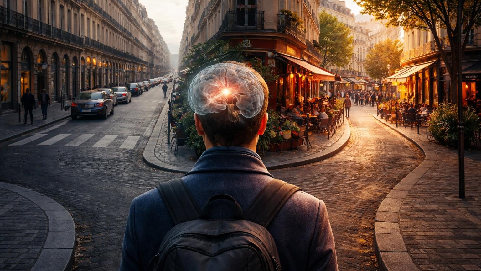 Illustration d'une personne marchant à une intersection urbaine avec des bâtiments et des rues, symbolisant l'orientation spatiale et les trajets quotidiens.