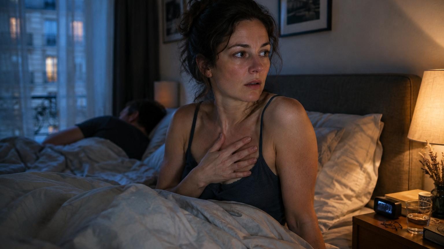 Homme fatigué assis sur son lit, regardant l'heure sur son réveil en pleine nuit, illustrant les réveils nocturnes répétés.