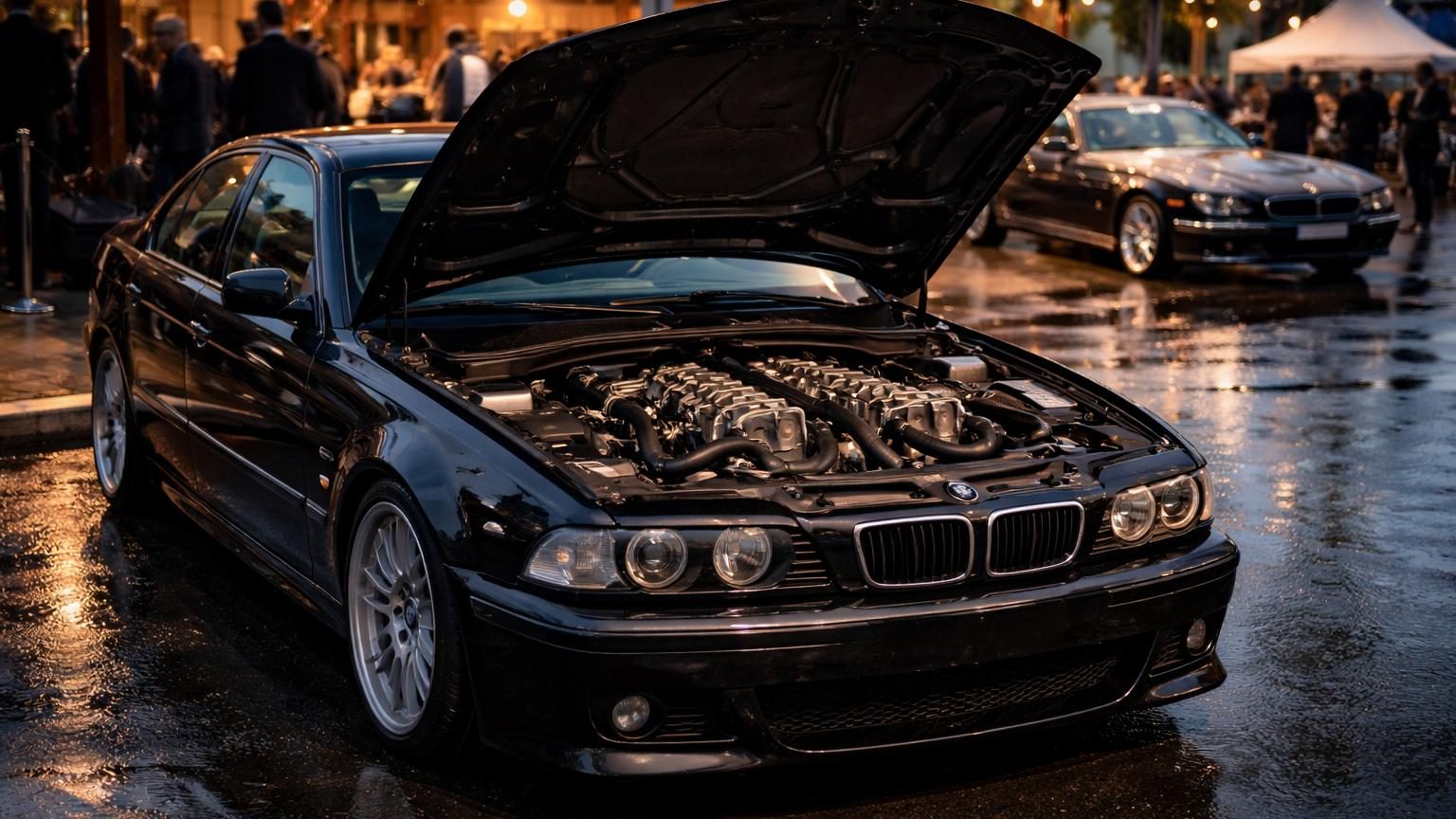BMW M5 E39 noire, profil latéral, avec moteur W10 visible en atelier d'exposition.