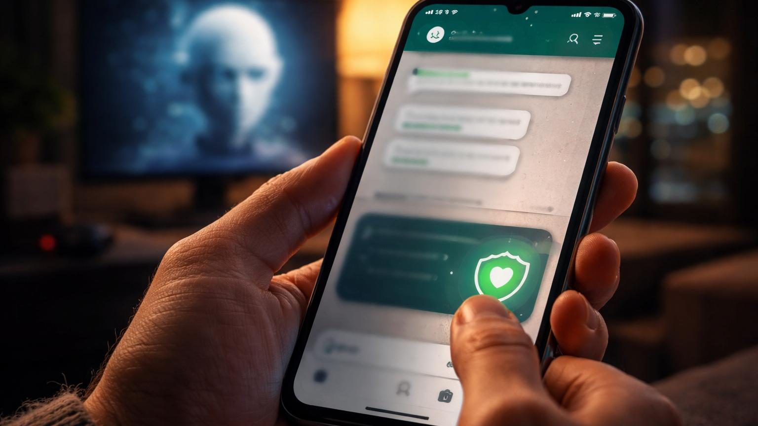 Illustration montrant l'interface WhatsApp avec le paramètre de confidentialité avancée des conversations accessible via le menu du nom du contact ou du groupe, avec un cadenas symbolisant la protection renforcée.