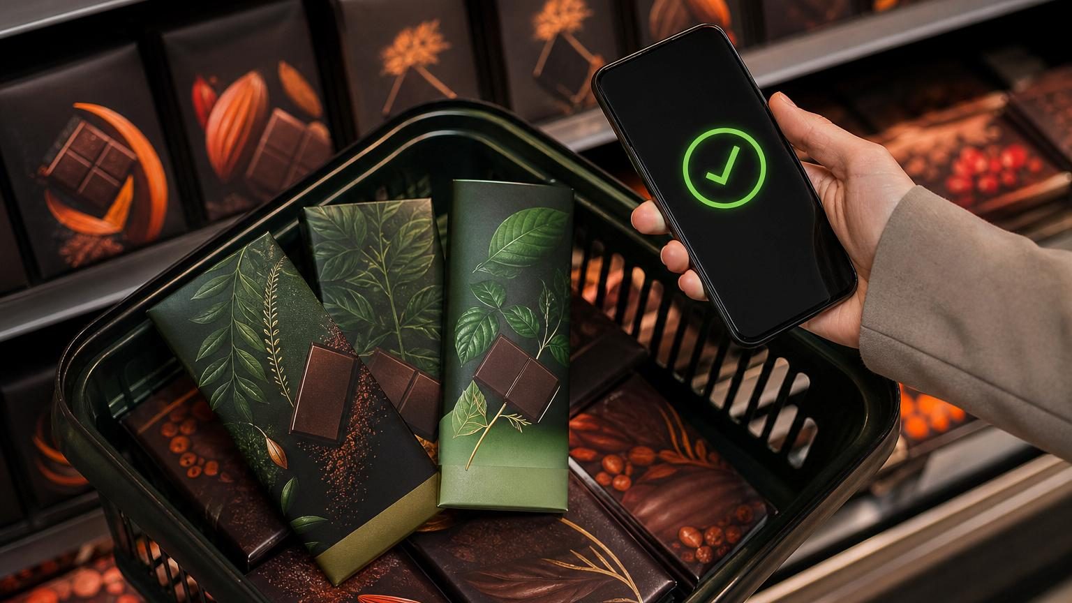 Tablette de chocolat noir ouverte avec ses carrés exposés, scannée par un smartphone affichant l'interface de l'application Yuka en arrière-plan