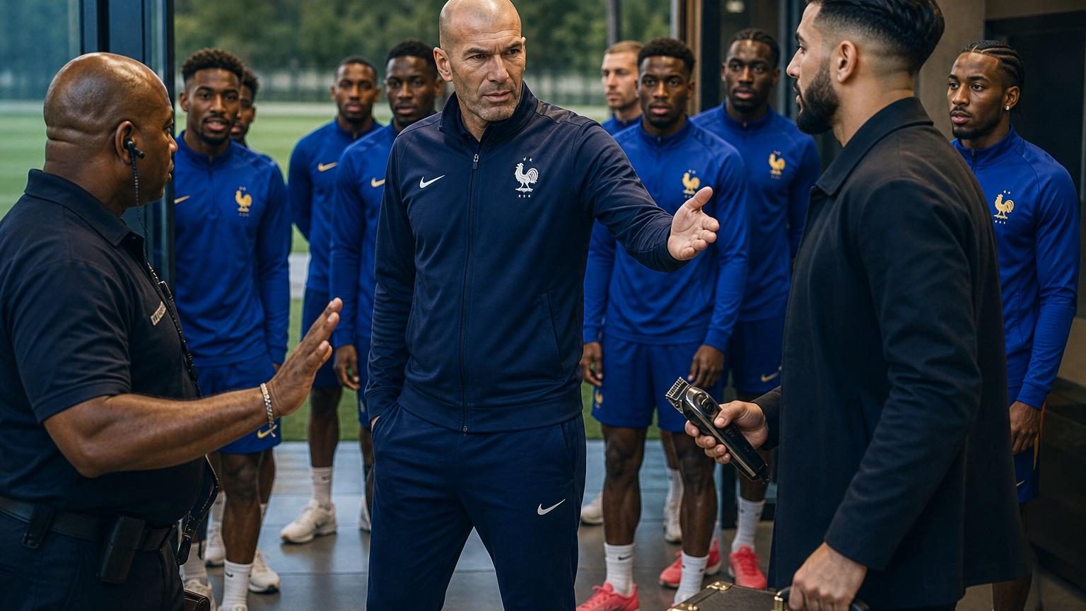 Zinédine Zidane, en costume, lors d'une conférence de presse à Clairefontaine, symbole de sa nouvelle position de sélectionneur des Bleus.